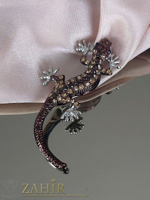 Единична бройка кристална брошка гущер геко 6,5 на 2,5 см с бежови и кафяви кристалчета на кяфява основа - B1541